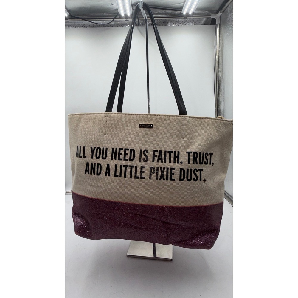 Disney Parks Kate Spade Pixie Dust Canvas Glitter Tote Bag Cream Burgundy